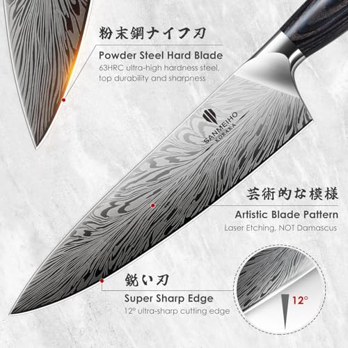 3PCS Kitchen Knife Set,Chef Knife Sets in Powder Steel | Ultra Sharp Japanese Knives Set High Carbon Steel Knives Sets, Cooking Knives Set with Ergonomic Pakkawood Handle - size: 3PCS Knife Set