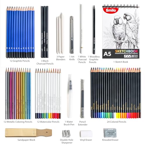 Smilo 76-Piece Art Supplies Sketching Kit with Sketchbook and Travel Case | Graphite Charcoal Watercolor Metallic and Woodless Pencils, Art Knife, Sandpaper Block, Drawing Set for Adults and Beginners - style: 76pcs Art Supplies