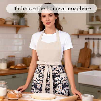 Cute Floral Apron for Women with Pockets, Cotton, Adjustable Straps - color: Black Beige