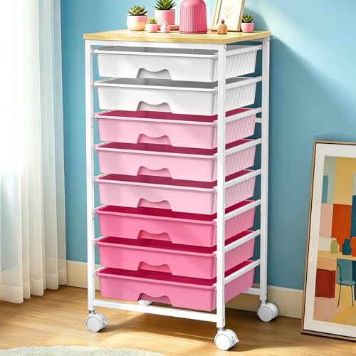 SUNALLY Rolling Cart With 8 Drawers, Storage Drawer Cart for Craft Art,Pink | Storage Utility Cart with Wooden Tabletop & 2 Lockable Wheels, Teacher Storage Cart for Classroom School Storage, Makeup,Nail - color: Pink