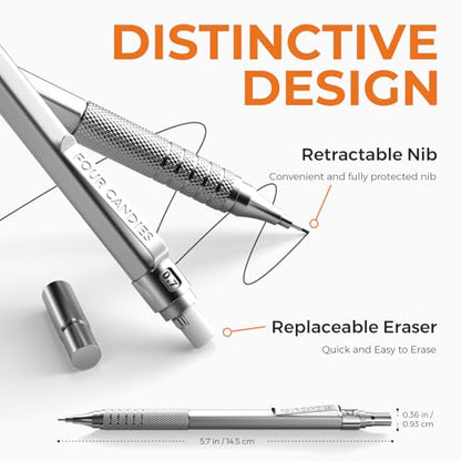 2PCS Metal Mechanical Pencil Set, 0.5mm+0.7mm, Storage Case, Silver | 360PCS HB Lead Refills, 3 Erasers, 9 Eraser Refills, for School Writing, Sketching, Technical Drawing, Art Projects - color: Silver
