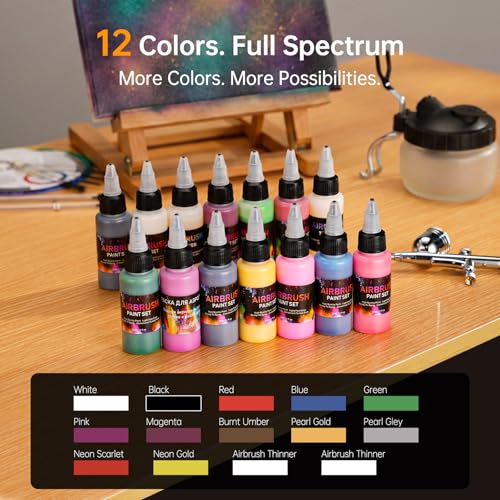 CrestWave Airbrush Kit with Air Compressor with 12 Paints & Cleaning Pot