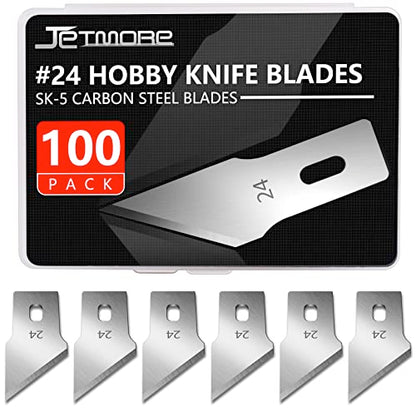JETMORE 100 Pack Exacto Knife Blades #24, Craft Knife Blades Hobby & Craft | Broad #24 SK5 edges handle carving and shaping, hobby knife blades suit wood and foam, with craft blades stored in a box - size: #24