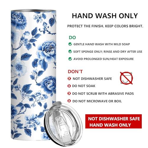 Firmiso 20 oz Tumbler｜Skinny Insulated Travel Mug｜Blue White Peony Chinoiserie Stainless Steel Cup with Lid and Telescopic Straw｜Elegant Floral Drinkware｜Gift Idea for Women and Men - color: Blue and White Peony