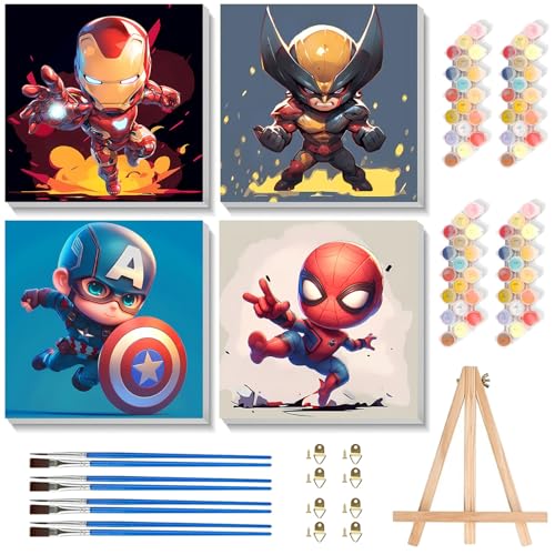 4 Pack Cartoon Paint by Numbers for Kids with Framed Canvas - Wooden Easel - color: BKH1250+BKH1251+BKH1252+BKH1253