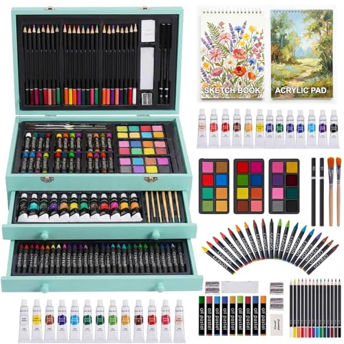 175-Pack Deluxe Wooden Art Set Drawing Painting Kit with 2 Drawing Pads, Acrylic Paints, Colored Pencils, Crayons, Paint Brush, Art Kit in Wooden Case, Gift for Artist, Adults, Teens and Kids - color: Blue