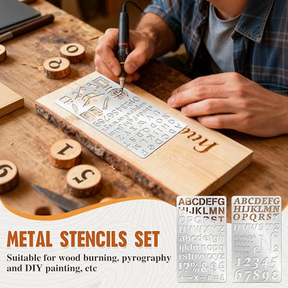 2PCS Stainless Steel Stencils Set for Engraving,Wood Burning - Reusable Alphabet Number Font Templates with Decorative Patterns for Metal,Wood,Leather,Glass,Journaling DIY Crafts (4x7 Inch) - size: 2PCS Alphabet Number Stencils