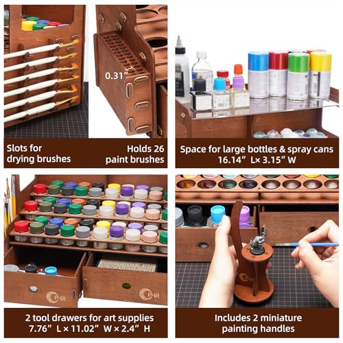 OPHIR Wooden Paint Rack for 60 Bottles with 2 Brush Holders & 2 Drawers - size: 1.42"-60 Hole