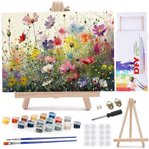 MaiMMaledy Paint by Numbers Kit for Adults Beginners 8Wx12L inch Canvas Pictures with Framed Drawing Painting Works with Wooden Triangle Easel Acrylic Pigment Flower - color: Flower, size: Flower 8x12inch