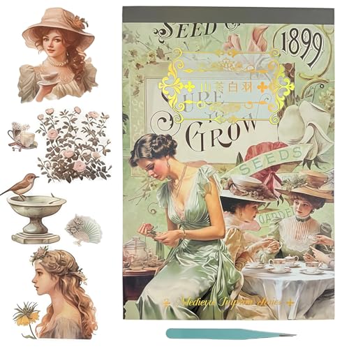AZY Journaling Stickers Kit Seasonal & Vintage Paper Stickers for Bullet Journal, Scrapbook & DIY Collage, Easy Peel Stickers with Tweezers for Art Journaling - color: Green