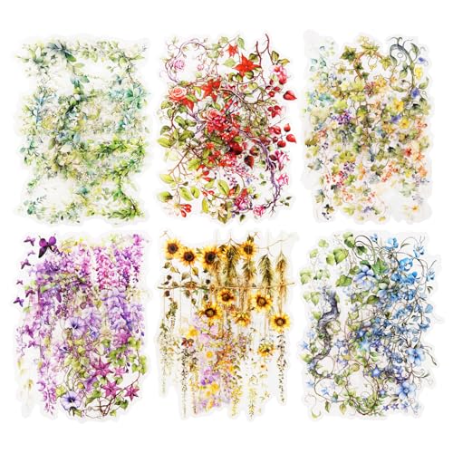120 Pcs Floral Vine PET Stickers for Scrapbooking | Large cascading botanical designs for journaling, junk journals, collage, planners, card making, and DIY crafts - color: Climbing Blooms