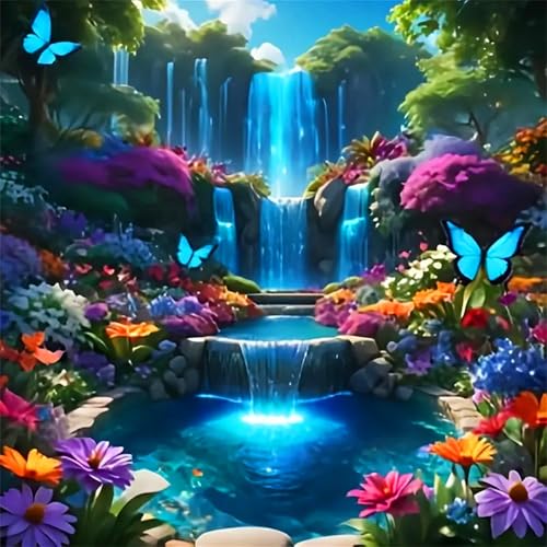 MMAHD 5D Diamond Painting Kit, Enchanted Waterfall Garden with Blue Butterflies, Full Drill Crystal Rhinestone Embroidery Art, Nature Scene (Landscape) - style: landscape
