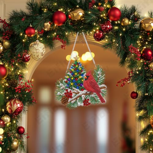 Eiflow Acrylic Pearl Diamond Art Hanging Kit for Adults, DIY Christmas Diamonds Painting Door Hanger Board Kit, Diamond Art Pearl Painting Pendant Ornament (Cardinal) - color: Cardinal