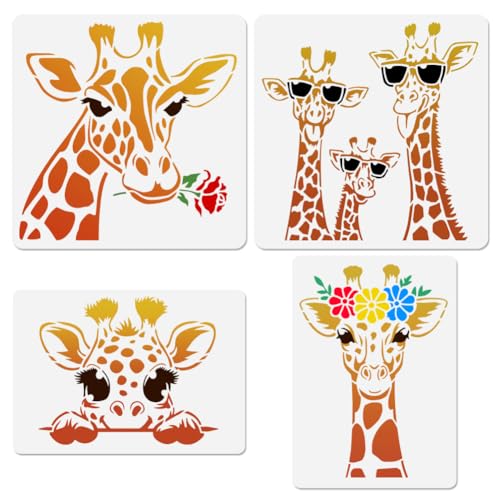 4Pcs Funny Giraffe Head Stencils for Painting, Reusable Giraffe Stencil Drawing Templates, Animal DIY Craft Paint Templates for Wall Home Decor Wood Burning Canvas Fabric Journal - style: Giraffe