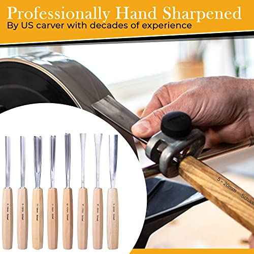 7-pc Wood Chisel Set with Gouges, Hand Sharpened | Professionally sharpened carving chisels for beginners, sculpture and relief carving, ergonomic handles, tutorials included - color: Professionally Sharpened 7 Piece Set