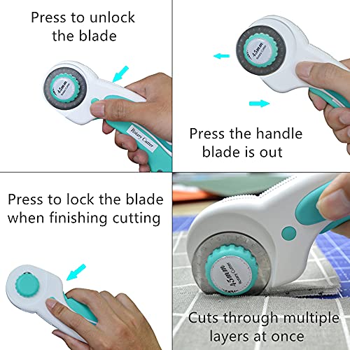 Headley Tools 45mm Rotary Cutter with 9pcs Extra Rotary Blades, Ergonomic Rolling Cutter with Safety Lock for Fabric, Sewing, Quilting, Cloth, Paper, Leather, Crafting, Fabric Rotary Cutter (Cyan) - color: Cyan, size: 45mm