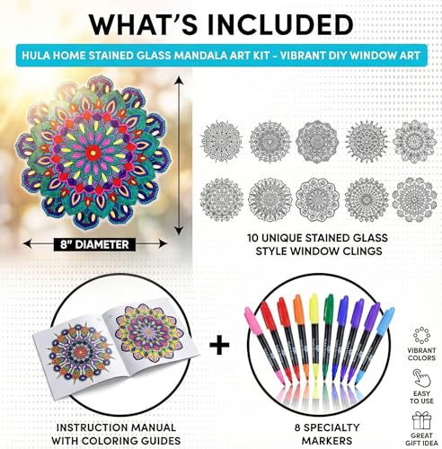 Hula Home Stained Glass Mandala Art Kit - DIY Window Clings with Markers, 10 Suncatchers - Perfect Hobby for Adults, Kids, Teens & Seniors - Ideal Gift for Beginners, Women & Elderly - size: Stained Glass Style - New Markers