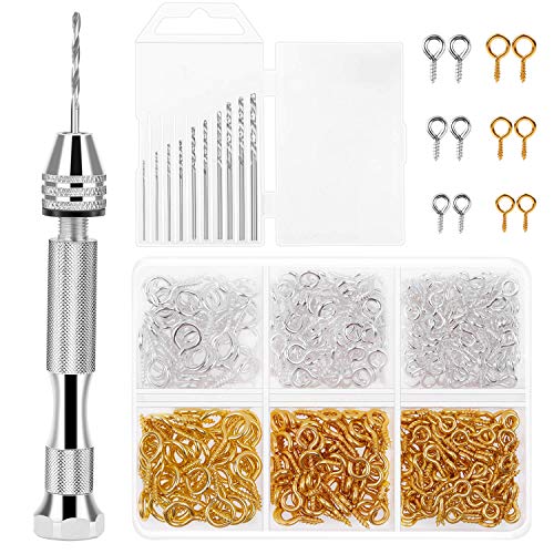 Pin Vise for Resin Casting Molds, Shynek Hand Drill for Jewelry Making Resin Tools Includes 1Pcs Push Hand Drill 10Pcs Drill Bits 480Pcs Eye Screws for DIY Keychain (Gold+silver) - color: Silver and Gold