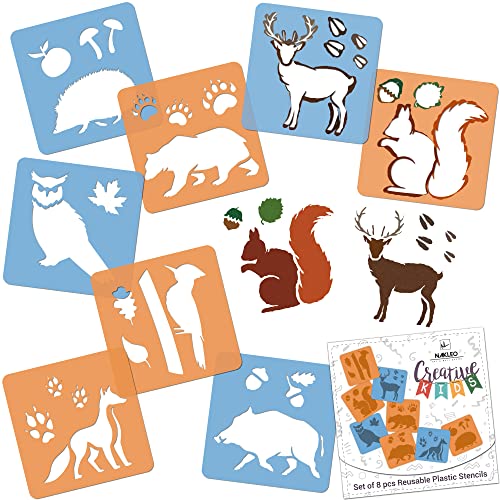 NAKLEO Painting Stencils for Kids, 8 Pcs Set 6x6” Forest Animals, Children Creative Drawing Templates Plastic and Reusable, DIY Decoration Arts and Crafts, Paper Wall Wood Fabric - color: FOREST ANIMALS