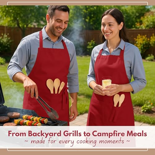 Native Fab Kitchen Apron 2 Pack - 100% Cotton Adjustable, Durable Apron with Pockets, Perfect for Cooking, Baking, Grilling - color: Red