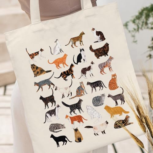 Canvas Aesthetic Tote Bag for Women with Inner Pocket Totes Shoulder Book Bag Shopping Reusable Grocery Bags - color: Cat Tote Bag