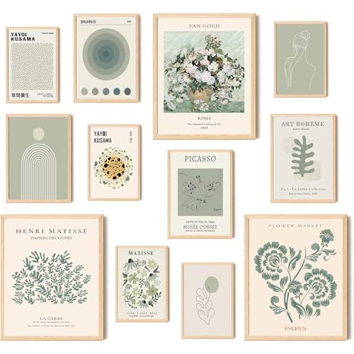 Aroutde Sage Green Room Decor Aesthetic Matisse Wall Art Posters, Artist Sage Green Wall Decor Matisse Gallery Pictures Set for Teen Bedroom Decor 12Pcs (Unframed) - color: Sage Green