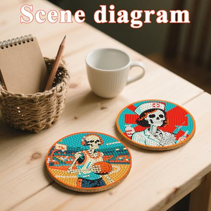 DOTSOPS 8 Pcs Skull Diamond Painting Coasters for Beginners with Holder - color: Eskull