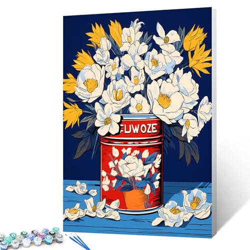 Tucocoo Bright White Flowers in a Tin Can DIY Paint by Numbers for Adults Vintage White Yellow Floral DIY Oil Painting Acrylic Paint Art Painting Kits Canvas with Acrylic Paint 16x20 Inch（DIY Frame ） - color: Floral in Tin 06, size: 16''x20''(DIY Frame)