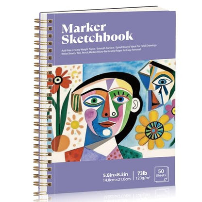 5.8 × 8.3 in Marker Paper Sketchbook, Spiral Bound Acid-Free Paper | 120gsm Drawing Paper, Anti-Bleed Double Sided Sheets, Lays Flat, Tear-Out Pages, for Markers, Pens & Acrylics - size: 5.8×8.3 Inch (1 Pack)