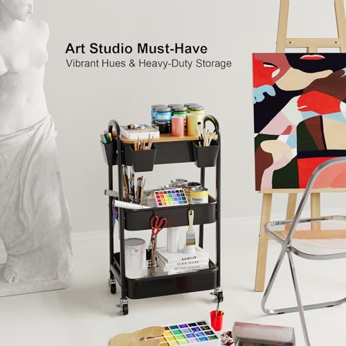 3 Tier Metal Rolling Cart with Wheels and Wooden Table Top, Three Tiered Craft Cart Organizer on Wheels, Black Storage Utility Carts for Art, Diaper Caddy, Baby Nursery, Office, Laundry, Snack, Book - color: Black