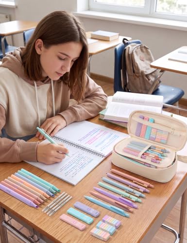 SUNEE Pencil Case with Supplies, 35PCS Aesthetic Stationery Set with Pastel Highlighters, Black Gel Pens, Mechanical Pencils & Refills, College School Supplies for Students Girls Beige - color: Beige, style: 35 Pack