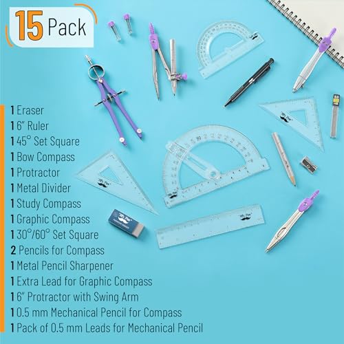 Mr. Pen- Geometry Set, 15 pcs, Purple, 6 Inch Swing Arm Protractor, Divider - color: Purple