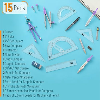 Mr. Pen- Geometry Set, 15 pcs, Purple, 6 Inch Swing Arm Protractor, Divider - color: Purple