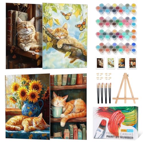 4 Pcs Framed Paint by Numbers Kit for Adults Sleeping Cat with Wooden Easel | With Frame Canvas, Cat DIY Acrylic Painting, For Adults Beginner, Stress Relief Craft Kits, Home Wall Decor Gift, 8x12 IN - color: YOP4P10