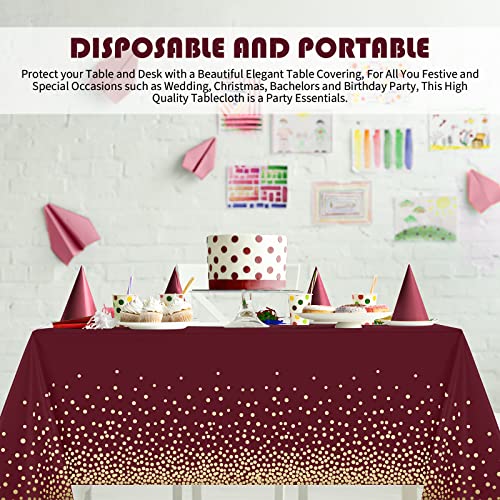 Tegeme 12 Pcs Maroon, Gold Plastic Tablecloths Burgundy Table Cloths Party - color: Wine Red, Gold