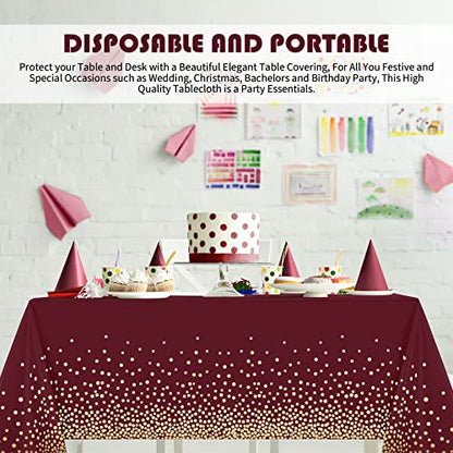 Tegeme 12 Pcs Maroon, Gold Plastic Tablecloths Burgundy Table Cloths Party - color: Wine Red, Gold