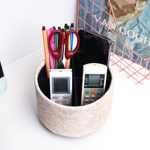 Round Leather Art Supply Organizer,Remote Control Holder,360 Degree Spinning,Multi-Functional Pencil Holder,4 Compartments Desktop Stationary Organizer(1-Carved White) - color: 1-Carved White