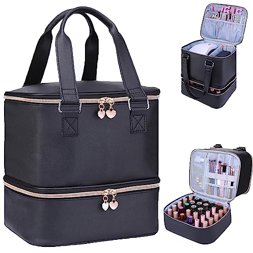 FCQQYWZ Nail Polish Organizer Case Hold 30+ Bottles (15ml/0.5 fl.oz) and a Nail Lamp, Double-Layer Nail Case Bag Nail Polish Organizer Bag, Nail Supply Organizers and Storage for Nail Tech (BLACK) - color: Black-30Bottles