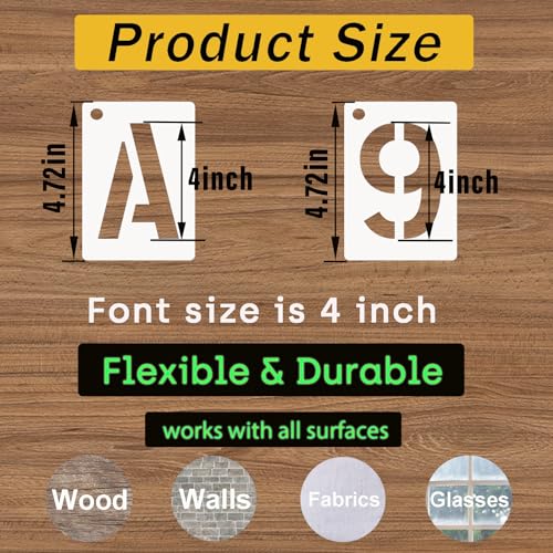 4 Inch Letter and Number Stencils, 68 Pcs Reusable Plastic Alphabet Spray Paint Stencils for Painting on Wood, Wall, Fabric, Rock, Signage, Door Porch, DIY Art Projects - size: 4 Inch
