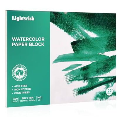 LIGHTWISH Watercolor Paper Block, 9x12 Inch 22 Sheets, 100% Cotton 300gsm/140lb Heavyweight Paper, Cold Press Paper for Wet and Dry Media, Acid-Free Art Paper for Artist & Beginner (23x31cm)