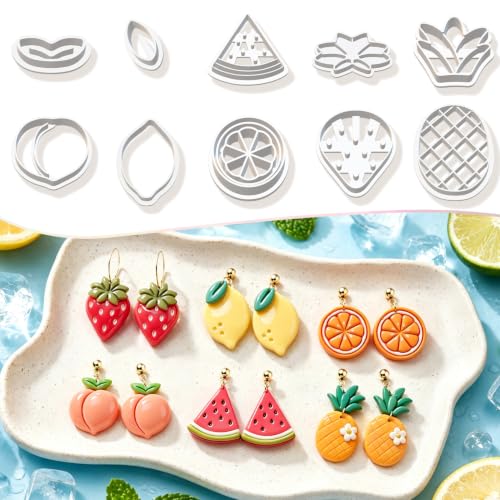 10Pcs Fruit Clay Cutters for Earrings, Summer Polymer Clay Molds | Fresh Fruit Shapes For Creating Summer Earrings, Charms, Pendants, And Handmade Clay Accessories - color: Fruit