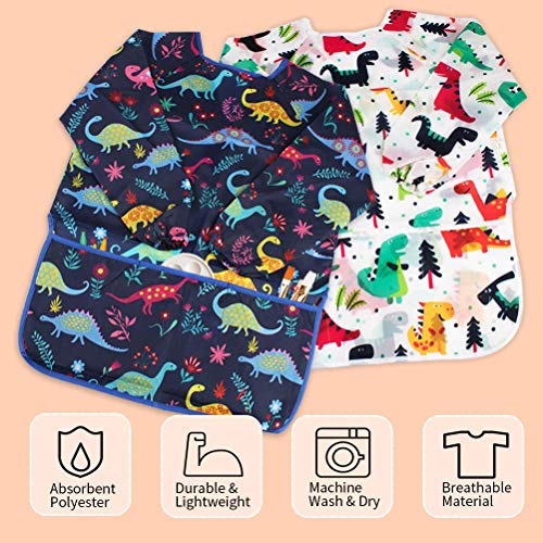 Kids Art Smocks 2 Pack Dinosaur Painting Apron for Children Waterproof Artist Smock with Long Sleeve and 3 Pockets for Age 3-8 Years - color: Dinosaur