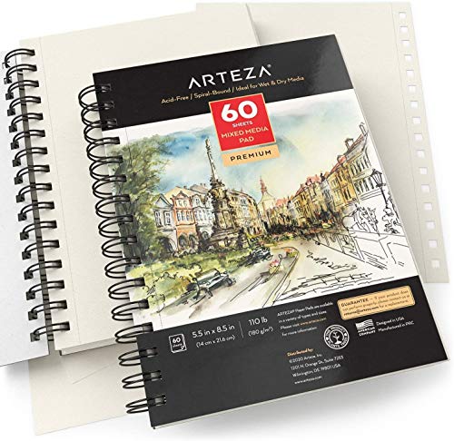 ARTEZA Mixed Media Sketchbook, 5.5 x 8.5 Inches, Pack of 3, 60 Sheets Each, Micro-Perforated Spiral-Bound Paper Pad for Wet and Dry Media - size: 5.5"x8.5" (Pack of 3)