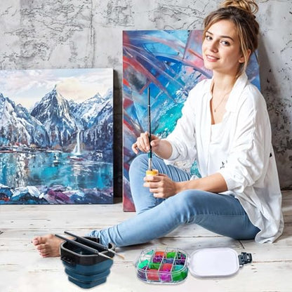2 PCS Airtight Paint Saver Storage Palette Box, 16 Well Palette Box with Lid, Include Paint Brush Basin, Perfect for Gouache, Acrylic, Watercolor and Oil Painting (Blue, Black)