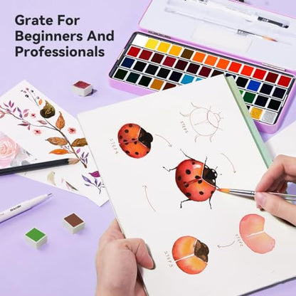 MeiLiang 52 Colors Watercolor Paint Set, Half Pans - style: Solid Watercolor 52 Color Purple Case