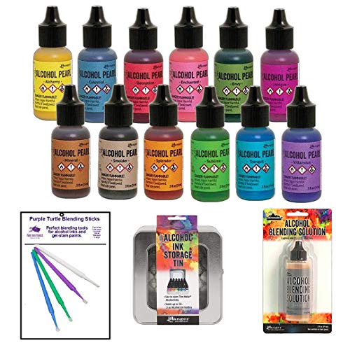 Ranger Tim Holtz Alcohol Ink Pearls Bundle Winter 2019 Release Plus Bonus Blending Tools for Blending Your Pearls on Yupo Paper and More (Pearls, Solution and Tin) - color: Pearls, Solution and Tin