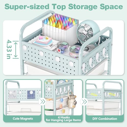SYKIARIOL Drawer Rolling Storage Cart with Pegboard Top and Hooks, Green, 4-Drawers - color: Green, size: 4-Drawers