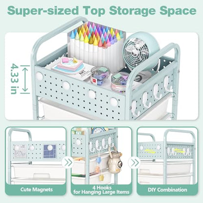 5 Drawer Rolling Storage Cart with Pegboard Top and Hooks, Green - color: Green, size: 5-Drawers