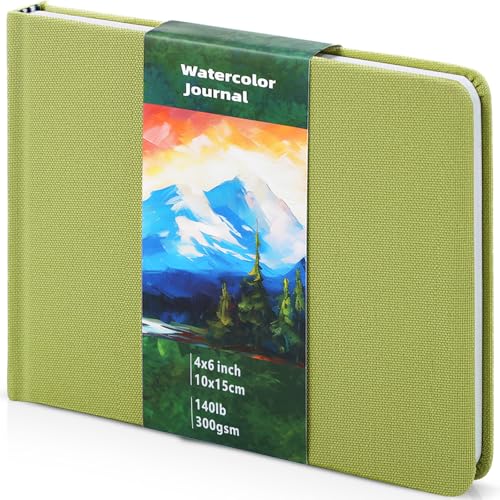 Dispowreath 6 x 4 in Watercolor Sketchbook Journal Square Watercolor Notebook Cold Press 140lb 300gsm Cotton Paper 48 Pages Journals Notebook Paper Pads(Green) - color: Green, size: 6x4 in