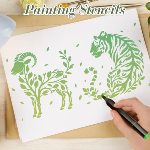 Animal Flower Stencils for Crafts Reusable 24Pcs Stencils(7.8X7.8 inch) | DIY Art Painting Stencil Furniture Decor Kit for Wood Embroidery Wall Silk Screen Journaling - color: Animal 8